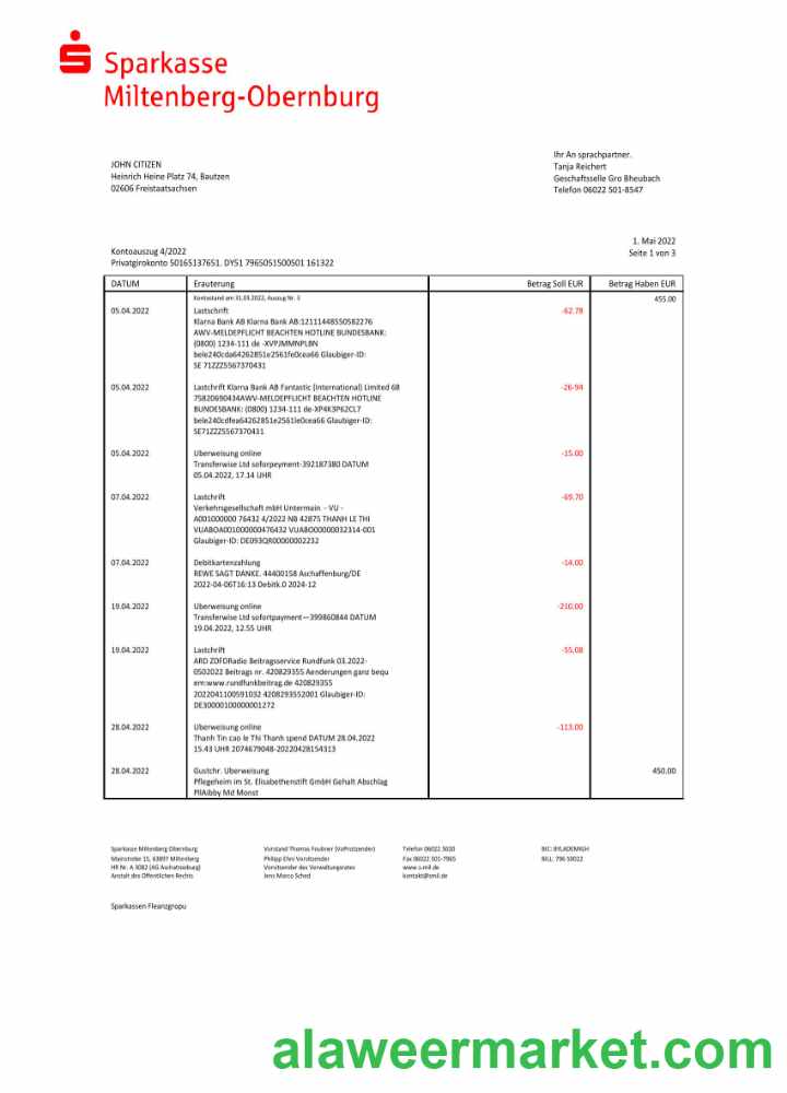 Germany Sparkasse Miltenburg-Obernburg bank statement Word and PDF template